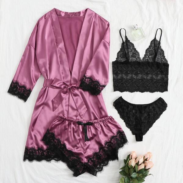 

4pack Floral Lace Satin Lingerie Set & Robe, Multicolor