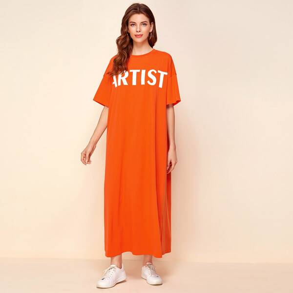 

Drop Shoulder Letter Graphic Dress, Orange
