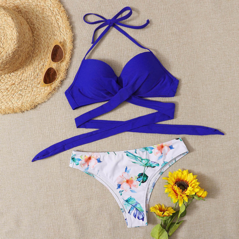 

Floral Twist Push Up Halter Bikini Swimsuit, Multicolor