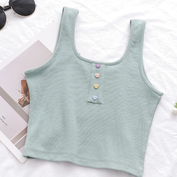 

Heart Button Rib-knit Tank Top, Mint green