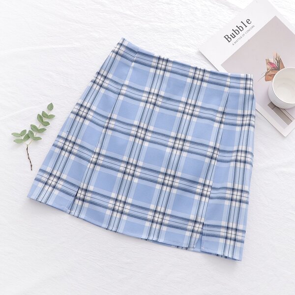 

Tartan Plaid Split Hem Mini Skirt, Multicolor