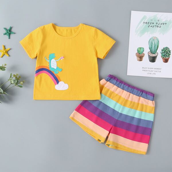 

Baby Boy Cartoon Patched Tee With Rainbow Stripe Shorts, Multicolor