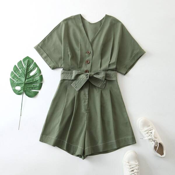 

Ruched Half Button Self Tie Romper, Army green