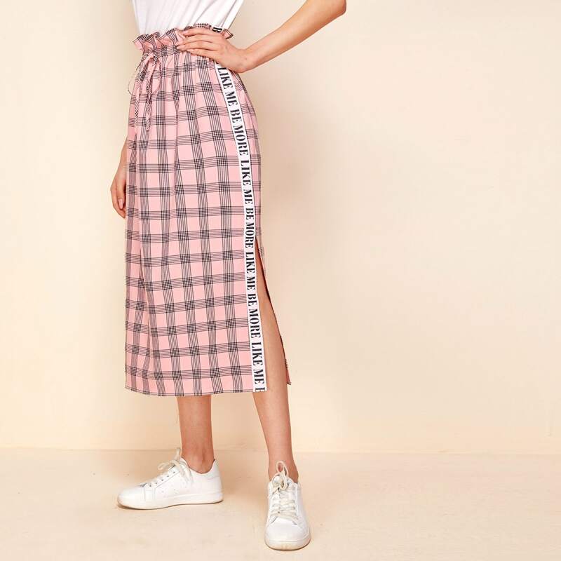 

Paperbag Waist Slogan Tape Split Side Plaid Skirt, Baby pink