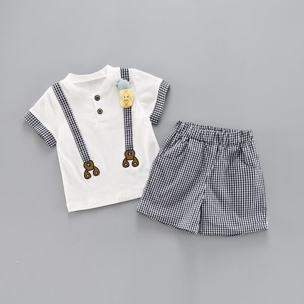 

Toddler Boys Applique Contrast Gingham Tee & Shorts, Black and white