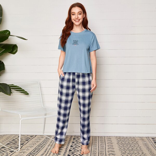 

Letter Print Plaid Pajama Set, Multicolor