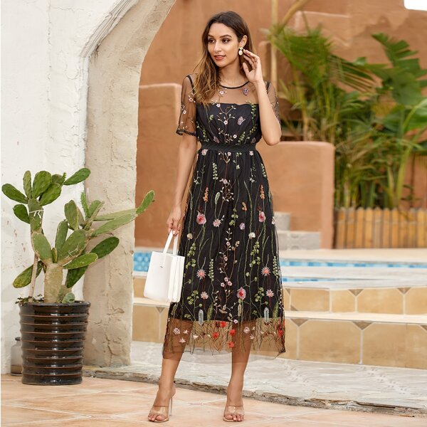 

Floral Embroidered Mesh High Waist Dress, Black
