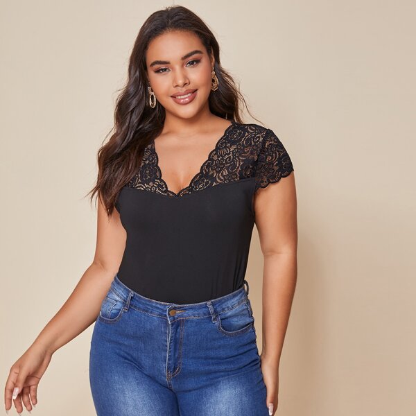 

Plus Lace Panel V-neck Top, Black