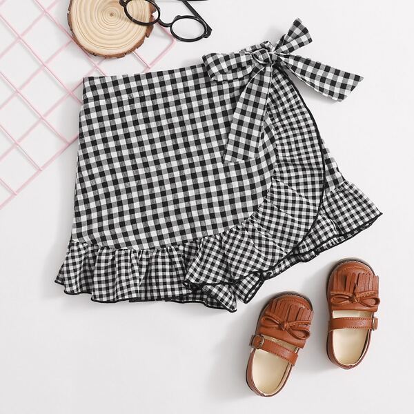 

Girls Gingham Self-Tie Wrap Skorts, Black and white