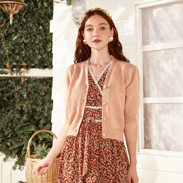 

Button Up Solid Cardigan, Baby pink