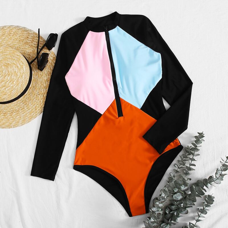 

Color Block Zip Front Surf Swimsuit, Multicolor