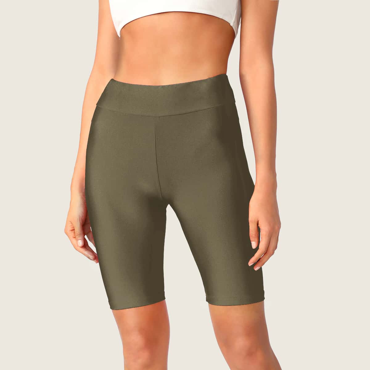 

Solid Wide Waistband Biker Shorts, Army green