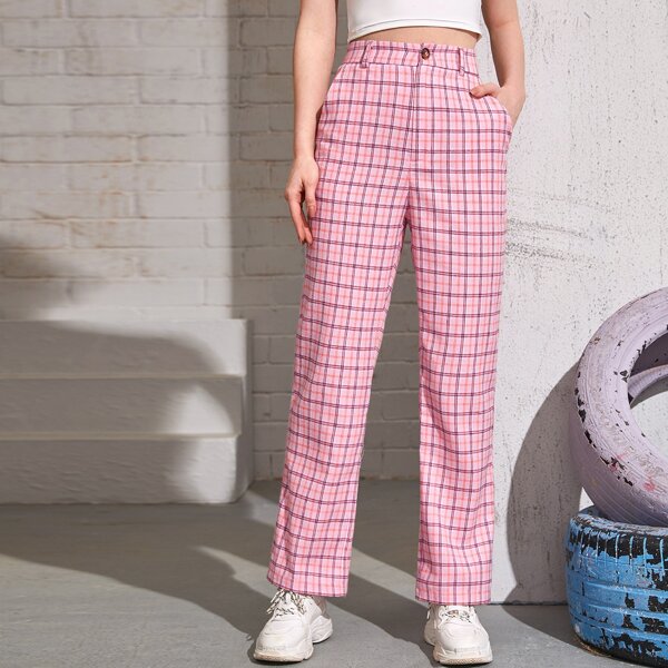 

Slant Pocket Plaid Pants, Pink