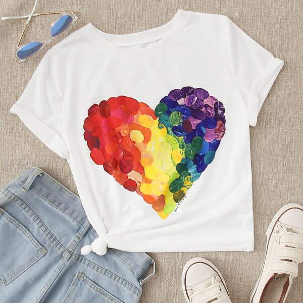

Plus Heart Print Short Sleeve Tee, White