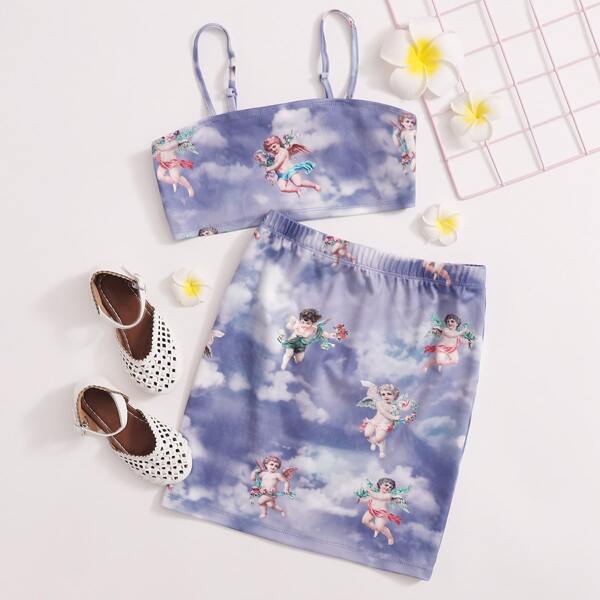 

Girls Figure Graphic Cami Top & Skirt Set, Violet purple