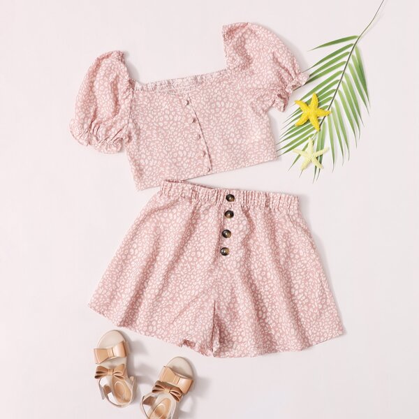 

Girls Shirred Back Allover Print Milkmaid Top & Shorts Set, Baby pink