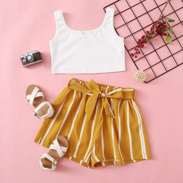 

Girls Ribbed Split Neck Top & Belted Striped Shorts Set, Multicolor