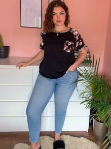 SHEIN LUNE Áo thun Plus size Túi Hoa màu đen Giải trí - màu đen - Xem 3