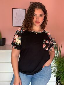 SHEIN LUNE Áo thun Plus size Túi Hoa màu đen Giải trí - màu đen - Xem 1