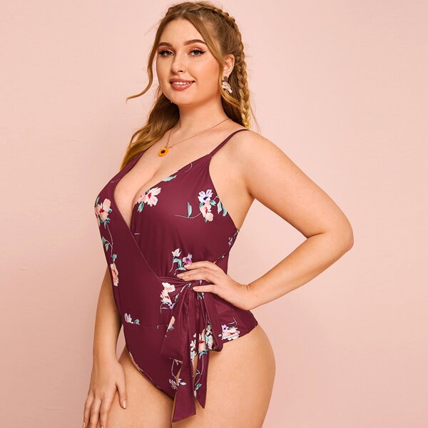 

Plus Floral Plunging Tie Side Cami Romper, Maroon
