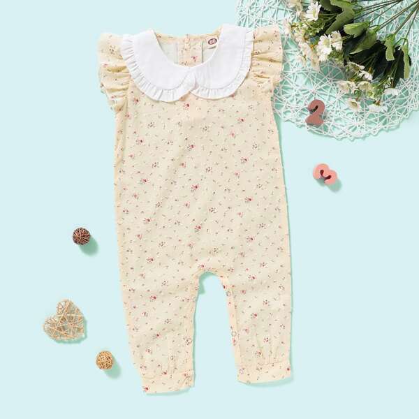 

Baby Girl Ditsy Floral Print Peter Pan Collar Jumpsuit, Yellow pastel