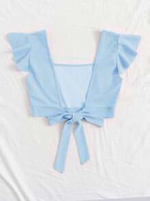 SHEIN Essnce Square Neck Ruffle Trim Knot Back Crop Top - Baby Blue - View 2
