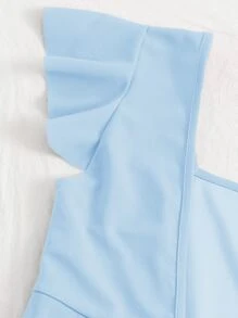 SHEIN Essnce Square Neck Ruffle Trim Knot Back Crop Top - Baby Blue - View 4