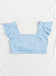 SHEIN Essnce Square Neck Ruffle Trim Knot Back Crop Top - Baby Blue - View 5