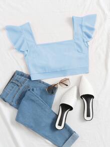 SHEIN Essnce Square Neck Ruffle Trim Knot Back Crop Top - Baby Blue - View 1