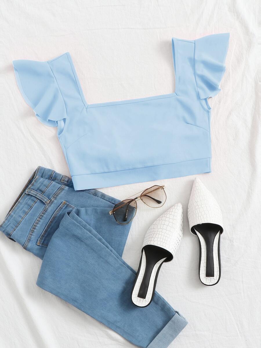 SHEIN Essnce Square Neck Ruffle Trim Knot Back Crop Top - Baby Blue - View 1