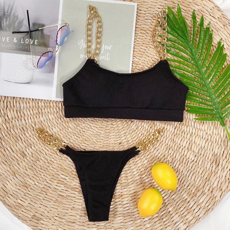 

Chain Strap Tanga Bikini Swimsuit, Black