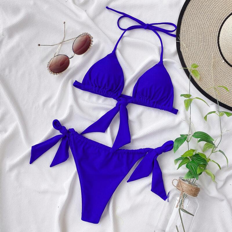 

Drawstring Halter Tie Side Bikini Swimsuit, Royal blue bright