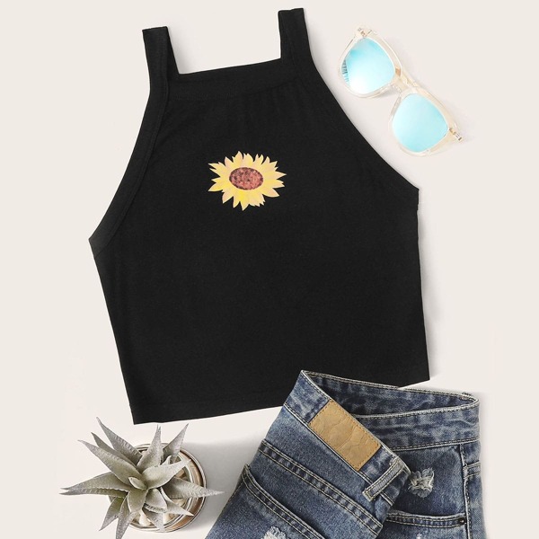 

Plus Sunflower Print Cami Top, Black