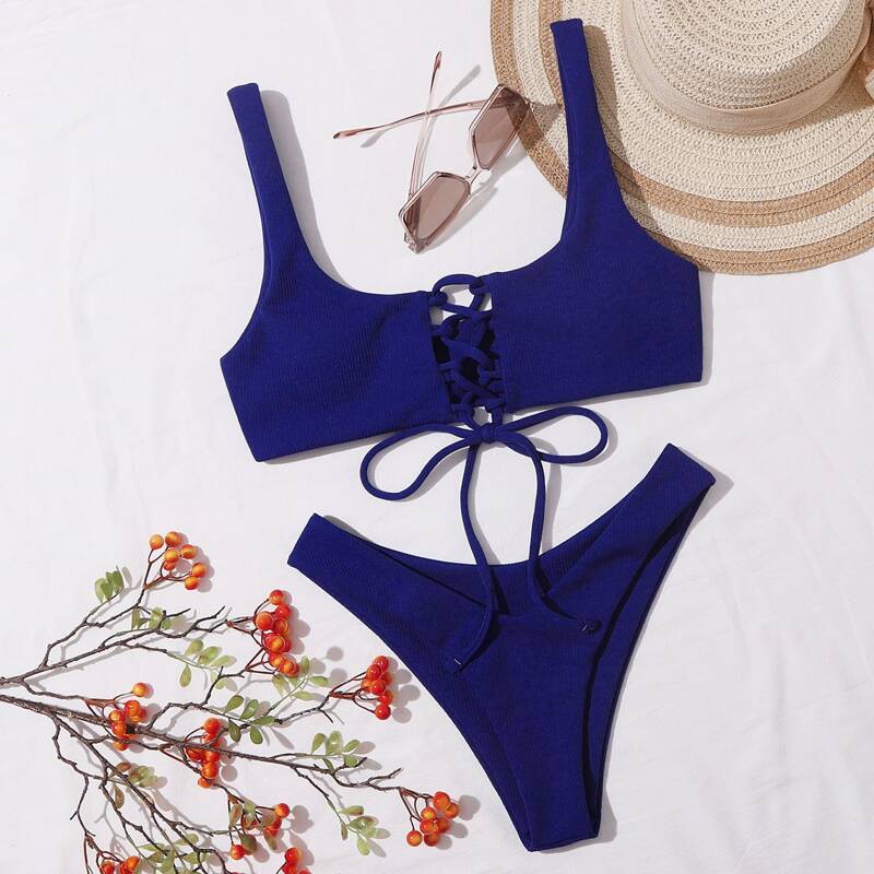 

Rib Lace-up High Cut Bikini Swimsuit, Royal blue