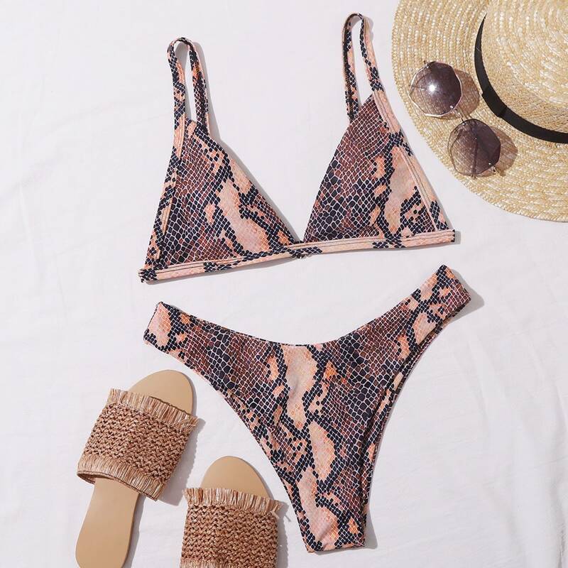 

Snakeskin Triangle High Cut Bikini Swimsuit, Multicolor