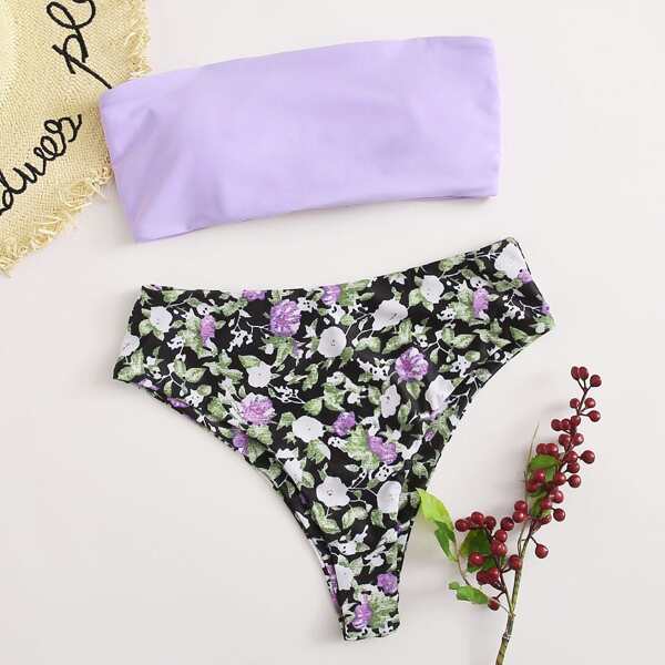 

Floral Lace-up Bandeau Bikini Swimsuit, Multicolor