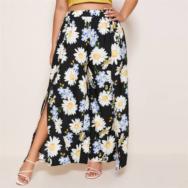 

Plus Allover Floral Split Side Wide Leg Pants, Multicolor