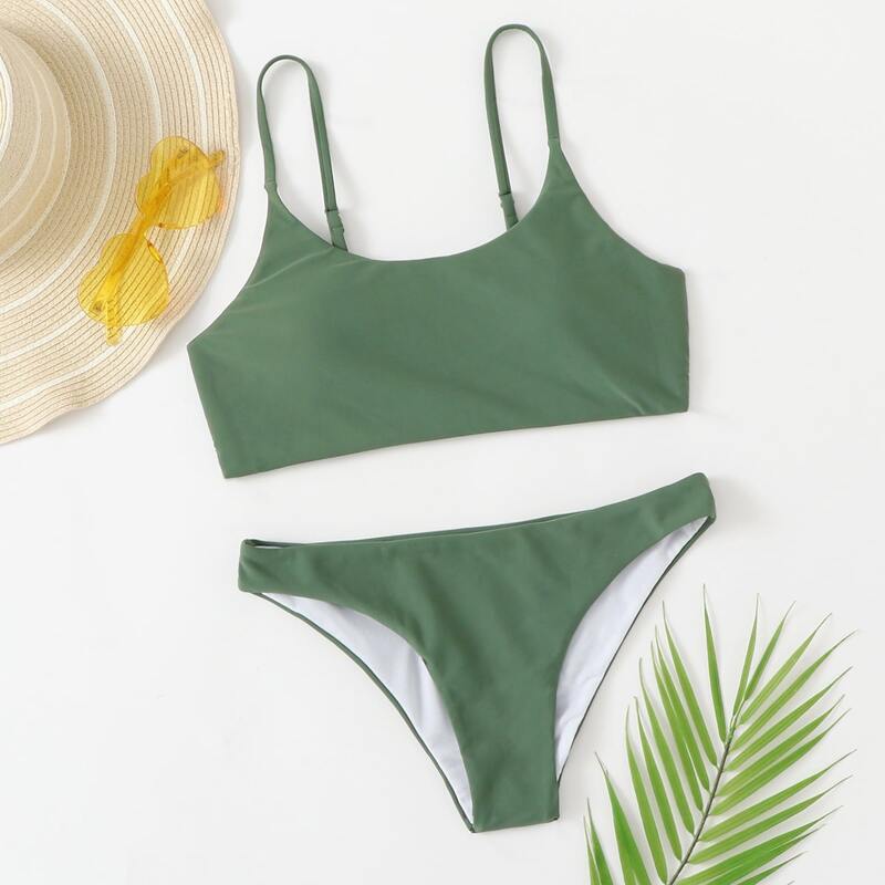 

Solid Adjustable Strap Bikini Swimsuit, Army green