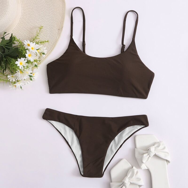 

Solid Adjustable Strap Bikini Swimsuit, Chocolate brown