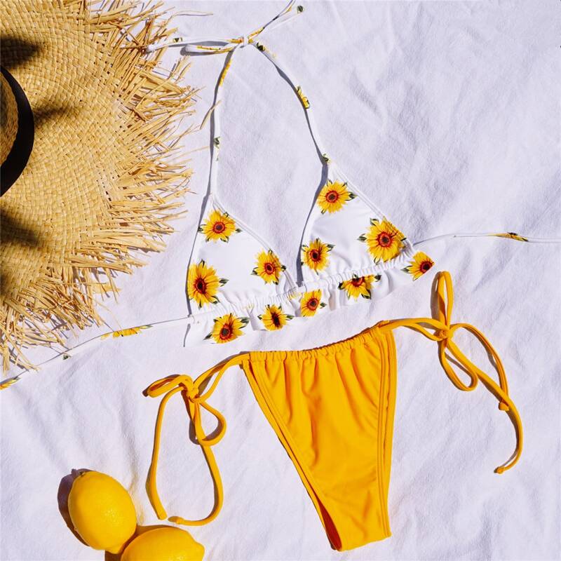 

Sunflower Print Triangle Thong Bikini Swimsuit, Multicolor