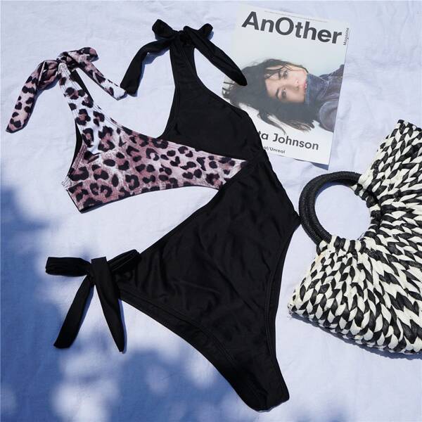 

Contrast Leopard Cut-out One Piece Swimsuit, Multicolor
