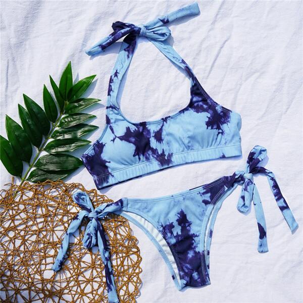 

Tie Dye Halter Tie Side Bikini Swimsuit, Blue
