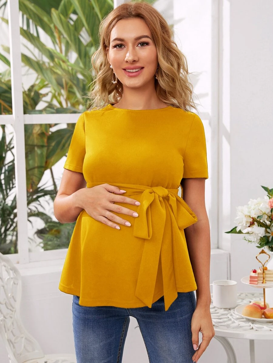 SHEIN Maternity Round Neck Self Belted Top - Mustard Yellow - View 1