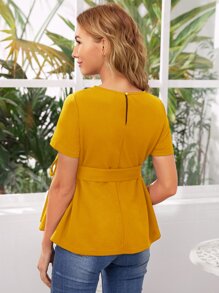 SHEIN Maternity Round Neck Self Belted Top - Mustard Yellow - View 2