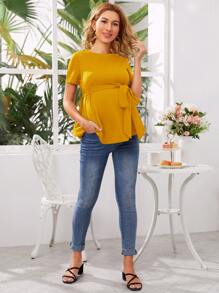 SHEIN Maternity Round Neck Self Belted Top - Mustard Yellow - View 3