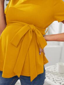 SHEIN Maternity Round Neck Self Belted Top - Mustard Yellow - View 4