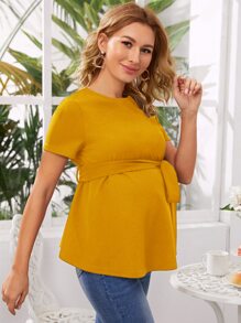 SHEIN Maternity Round Neck Self Belted Top - Mustard Yellow - View 5
