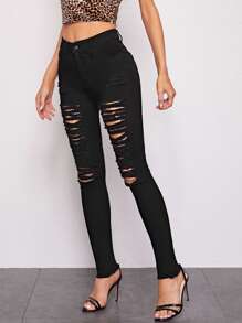 Jeans rotos de cintura alta - Negro - Ver 4