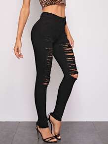 Jeans rotos de cintura alta - Negro - Ver 5