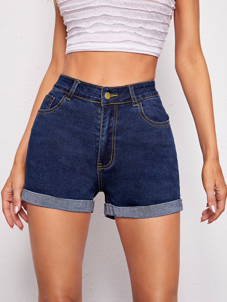 Dark Wash Cuffed Denim Shorts - Dark Wash - View 1